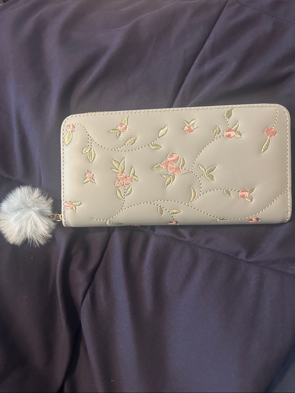 NWOT Floral Embroidered Zip Wallet with Pom Pom